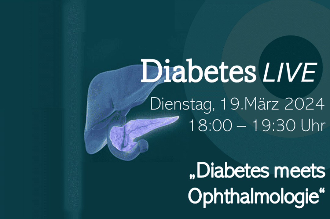 Logo von Diabetes Live auf der linken Bildhälfte (Bauchspeicheldrüse in lila und blau, leuchtend), Hintergrund ist türkisgrün. Auf der rechten Bildhälfte befinden sich mehrere Kreise, die von hellgrün in dunkelgrün übergehen. Davor befindet sich ein Schriftzug in weiß mit „Diabetes LIVE, Dienstag 19.März 2024 18:00 Uhr – 19:30 Uhr ‚Diabetes meets Ophthalmologie‘“